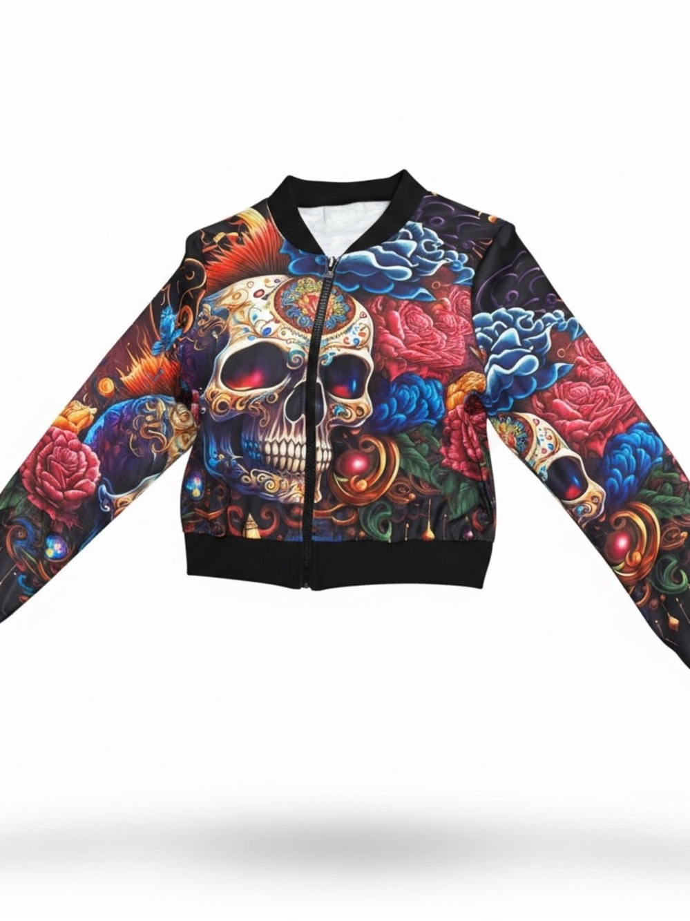 Source Unknown Women's Multicolor Sugar Skull Bomber Jacket